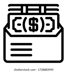 Dólares en un icono de sobre. Contorno de dólares en un icono de vector de sobre para el diseño web aislado en fondo blanco