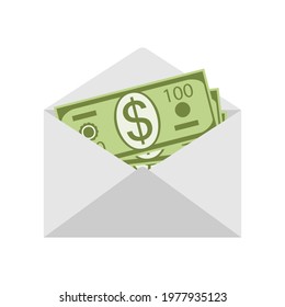 Dollars in an envelope. Money in a mail envelope isolated on a white background. Salary in an envelope, a financial gift.