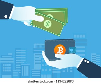Dollars exchange Bitcoin cryptocurrency. Digital money exchange concept. cashless society.