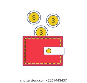 Dollars fall into the wallet. Gold coins are piling up in a red purse. Home finance, Salary, Savings. Finance, economics. Vector isolated illustration.