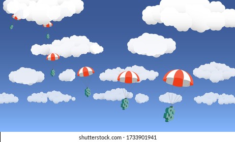 Dollars falling from the sky in wide format. As the United States faces an impending recession, government stimulus money is dropped into the economy. 