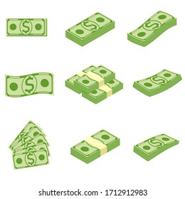 Dollars flat vector illustration set. Stacks of money and banknotes, money, cash, pile. Finance, saving, wealth concept