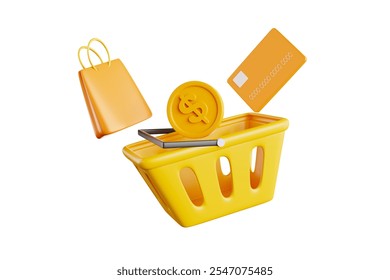 Dollars floating on basket and discount coupons with credit card and orange shopping bag 3d rendering