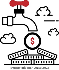 Dollars flow from the faucet Vector Icon Design, Business and Management Symbol, Banking and finance Sign, ECommerce and Delivery Stock, Money making illustration, Coins fall out of the tap Concept