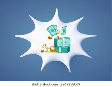 Dollars. Flying coins and a stack of banknotes with speech bubble. Bundle of money. Bankinng concept