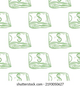 Dollars folded in half hand drawn engraving seamless pattern. Background with cash. Print finance and income. Simple sketch green banknotes on white background vector illustration