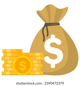 Dollars and gold coins stack isolated on white background.