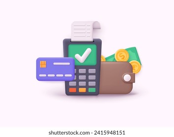 Dollars and gold coins stack. Wealth and banking icon. 3d payment terminal with red cross checkmark. Cashless NFC payment transaction canceled. 3D Web Vector Illustrations.