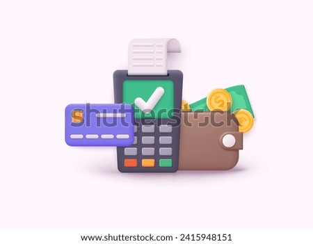 Dollars and gold coins stack. Wealth and banking icon. 3d payment terminal with red cross checkmark. Cashless NFC payment transaction canceled. 3D Web Vector Illustrations.