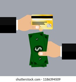 Dollars in the hand. Bank card in hand. Vector illustration. Flat design for business financial marketing banking web concept cartoon illustration.