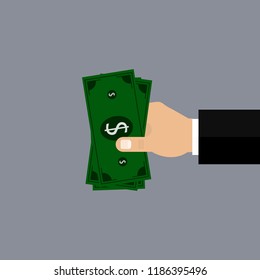 Dollars in the hand.  Vector illustration. Flat design for business financial marketing banking web concept cartoon illustration.