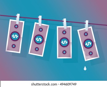 Dollars hanging on a clothesline and drying. Idea - concept of money laundering.