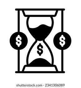 Dólares con reloj de arena que muestra el concepto vector del tiempo es el dinero, icono de prima