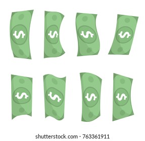 Dollars icons flat style. Money in different perspective. Isolated on white background. Vector illustration.