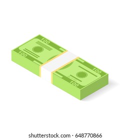 Dollars isometric icon isolated on white background. Big money concept. Stacked pile of hundred us dollar cash. Vector isometric illustration. American dollars, pack, packet. Packed dollars money. 