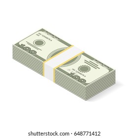 Dollars isometric icon isolated on white background. Big money concept. Stacked pile of hundred us dollar cash. Vector isometric illustration. American dollars, pack, packet. Packed dollars money. 