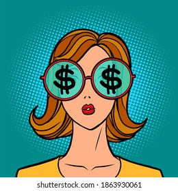 dollars money finance, young woman in stylish sunglasses. Comic cartoon retro drawing