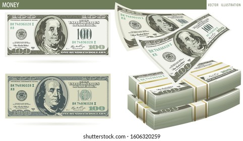 Dollars money isolated on white background. 100 Bucks flying bills. American one hundred dollar banknote