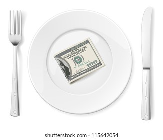 Dollars on food plate with fork and knife