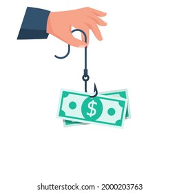 Dollars on hook. Dollar bait. Money trap concept. Vector illustration flat design. Isolated on background. Financial bait. Greed concept.