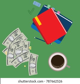 Dollars on the table. Accounting for money. Notepad and coffee. Money currency vector illustration. Various money bills dollar cash paper bank notes and gold coins