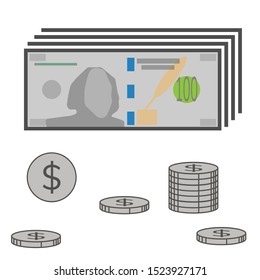 Dollars pack in different angles and coins. Money vector.