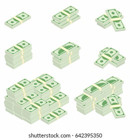 Dollars. Packages of banknotes in various angles. Different stacks and piles of cash. Vector