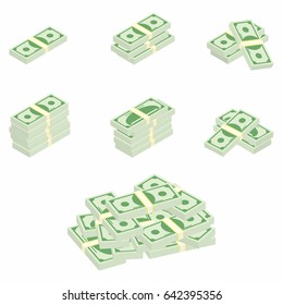 Dollars. Packages of banknotes in various angles. Different stacks and piles of cash. Vector