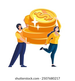 Dollars, pennies, money, people, employees, man and girl carry gold coins of funding for deposit in the bank. Businessmen, Business Mission Concept. Earnings, monetary reward. Vector illustration