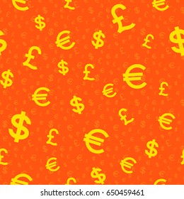 Dollars, Pounds and Euro seamless background, stylised vector illustration in yellow and orange colors