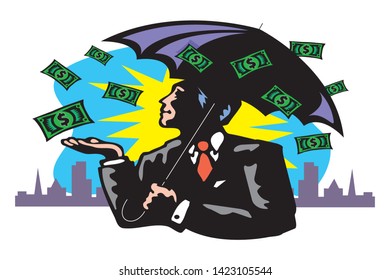 Dollars raining down on business man standing celebrating his victory. Expressing yes gesture with both clenched fists hands. Cash money shower. Rich and successful. Flat style vector illustration.