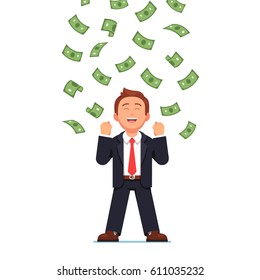 Dollars raining down on business man standing celebrating his victory. Expressing yes gesture with both clenched fists hands. Cash money shower. Rich and successful. Flat style vector illustration.