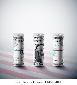 Dollars in roll on background of American flag. Eps 10