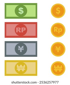 dollars, rupiah, yen and won currency.