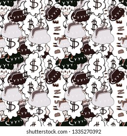 Dollars. Seamless business pattern. Vector. Bitcoin. Business pattern on white and neutral background.