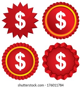 Dollars sign icon. USD currency symbol. Money label. Red stars stickers. Certificate emblem labels. Vector