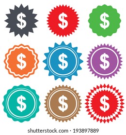 Dollars sign icon. USD currency symbol. Money label. Stars stickers. Certificate emblem labels. Vector