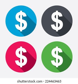 Dollars sign icon. USD currency symbol. Money label. Circle buttons with long shadow. 4 icons set. Vector