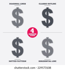Dollars sign icon. USD currency symbol. Money label. Diagonal and horizontal lines, classic outline, dotted texture. Pattern design icons.  Vector