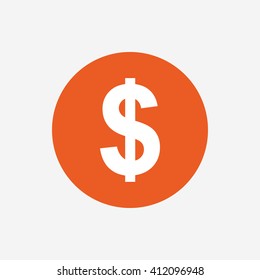 Dollars sign icon. USD currency symbol. Money label. Orange circle button with icon. Vector