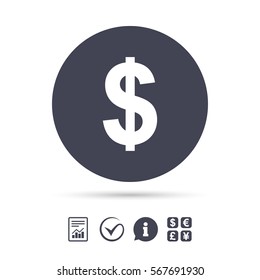 Dollars sign icon. USD currency symbol. Money label. Report document, information and check tick icons. Currency exchange. Vector