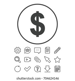 Dollars sign icon. USD currency symbol. Money label. Document, Chat and Paper clip line signs. Question, Pencil and Calendar line icons. Star, Download and Shopping cart. Vector