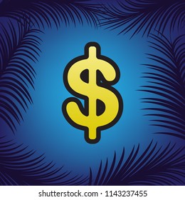 Dollars sign illustration. USD currency symbol. Money label. Vector. Golden icon with black contour at blue background with branches of palm trees.