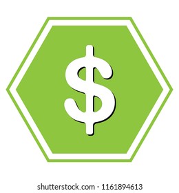 Dollars sign illustration. USD currency symbol. Money label. Vector. White icon with black shadow at yellow green honeycomb on white background.