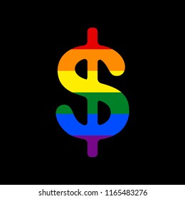 Dollars sign illustration. USD currency symbol. Money label. Vector. Icon with colors of LGBT flag at black background.