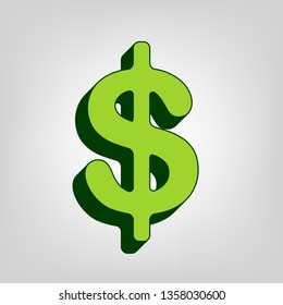 Dollars sign illustration. USD currency symbol. Money label. Vector. Yellow green solid icon with dark green external body at light colored background.