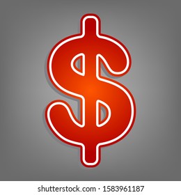 Dollars sign illustration. USD currency symbol. Money label. Flat red icon with linear white icon with gray shadow at grayish background. Illustration.