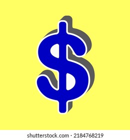 Dollars sign illustration. USD currency symbol. Money label. Blue Icon with white stroke in 3d at yellow Background. Illustration.