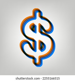 Dollars sign illustration. USD currency symbol. Money label. Stroked Icon in orange, azure and old lavender Colors at gray Background. Illustration.