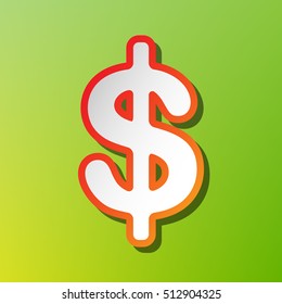 Dollars sign illustration. USD currency symbol. Money label. Contrast icon with reddish stroke on green backgound.